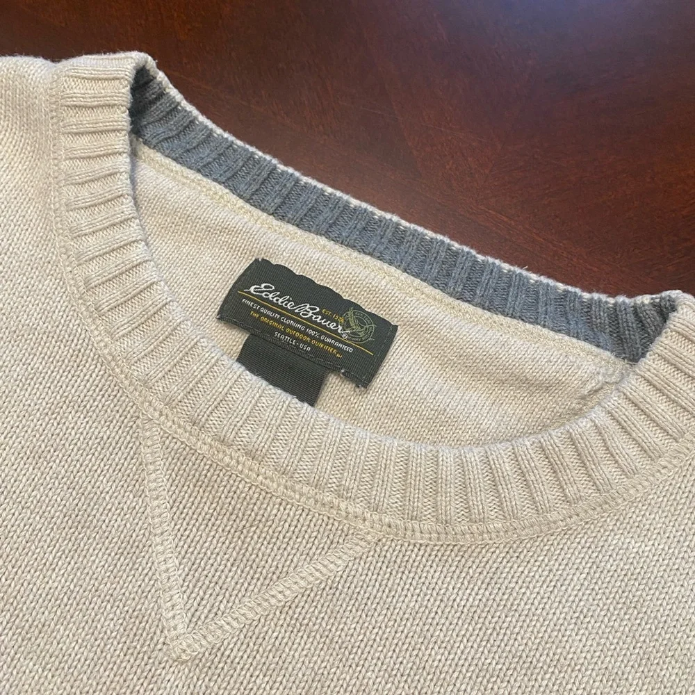 Eddie Bauer Cream Crewneck Sweater Classic Knit 100% Cotton - Picture 1 of 7